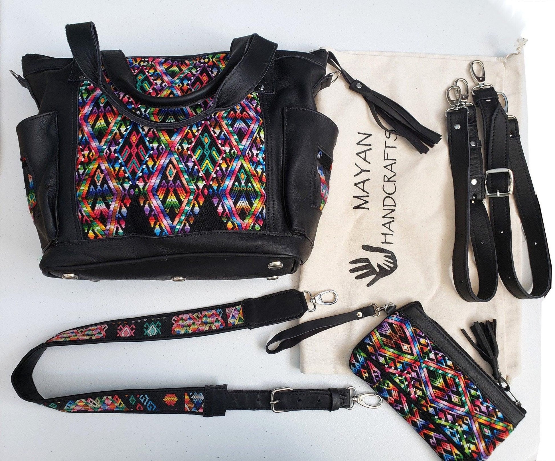 Matching set Convertible backpack crossbody day bag diaper wristlet purse strap genuine soft black leather huipil detail