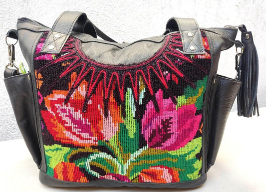 Huipil Pattern Black Genuine LEATHER CONVERTIBLE BACKPACK Bag - Aesthetic Full Grain Leather Handles cross body And Handbags
