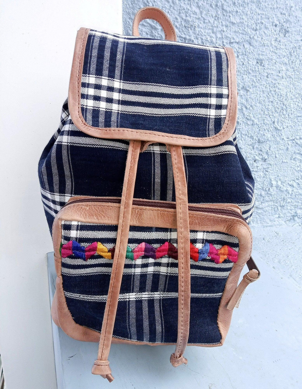 Guatemalan Genuine leather indigo backpack
