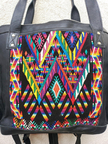 Huipil Pattern Black Genuine LEATHER CONVERTIBLE BACKPACK Bag - Aesthetic Full Grain Leather Handles cross body And Handbags