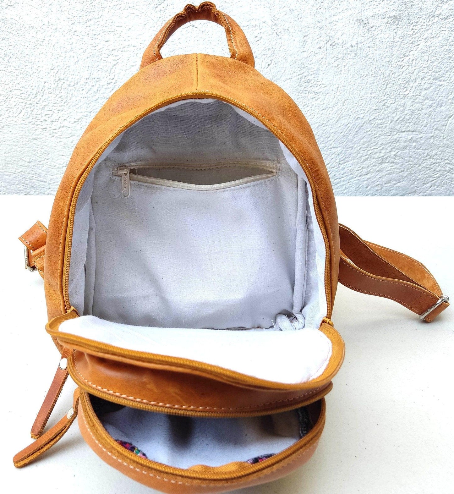 Huipil Pattern Tan Genuine LEATHER BACKPACK Bag - Aesthetic Grain Leather
