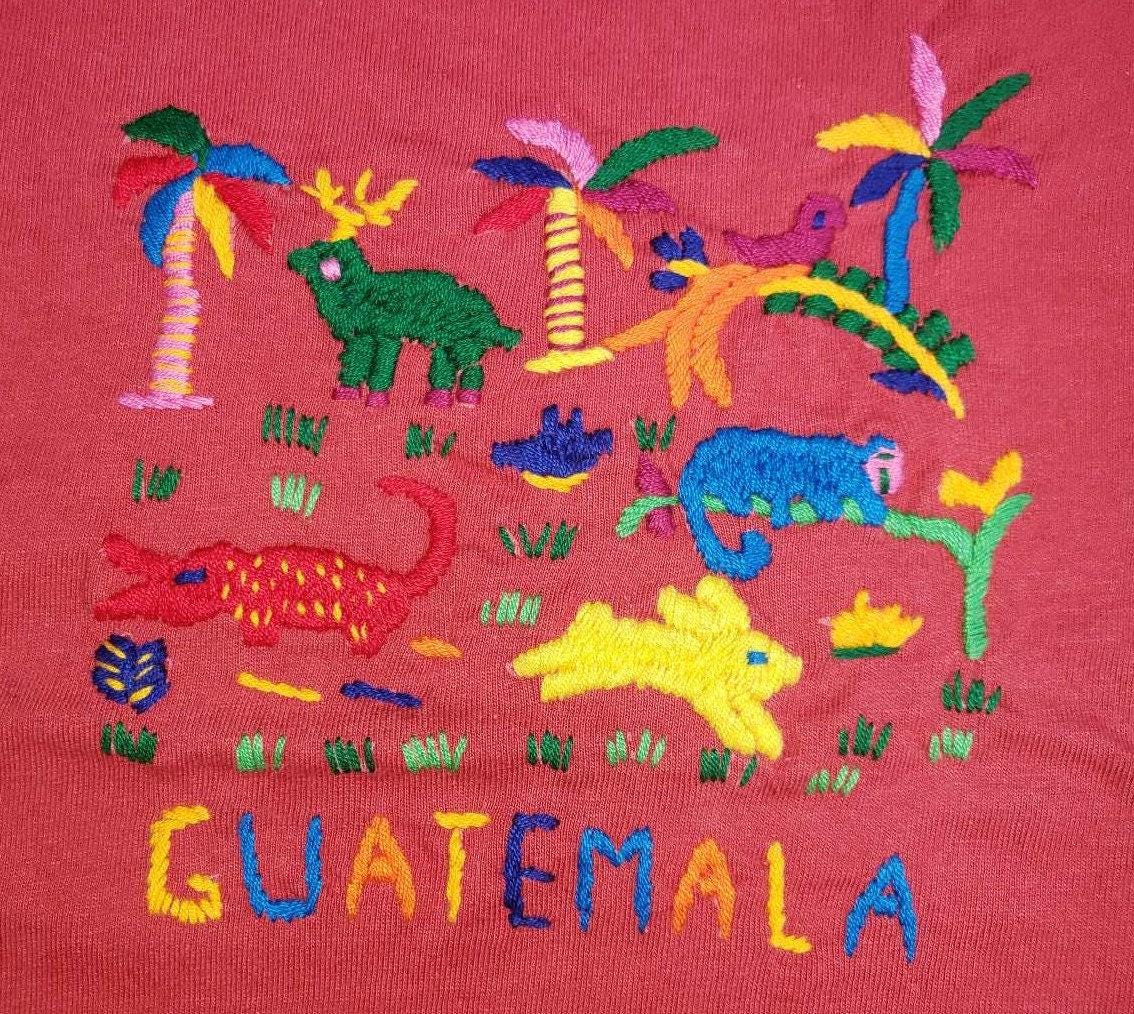 Handmade embroidered Guatemalan zoo bus motive unisex cotton T-shirt for kids