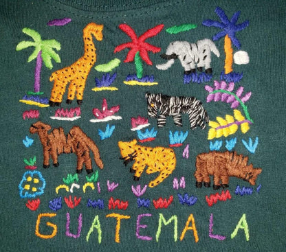 Handmade embroidered Guatemalan zoo bus motive unisex cotton T-shirt for kids