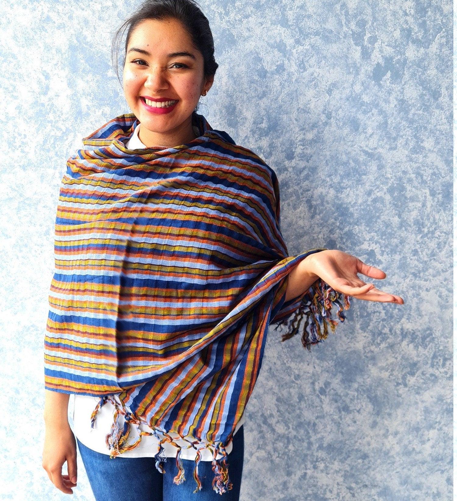 Women Medium Weight GUATEMALAN COTTON Indigo SCARF Wrap - Artisans Wear Aesthetic Shawl