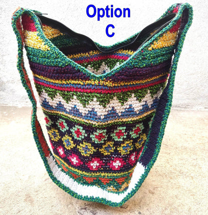 Handwoven Cotton CROCHETED GUATEMALAN Cross Body TOTE Bag With Zipper Closure And Pom Tassel Available In Multiple Options