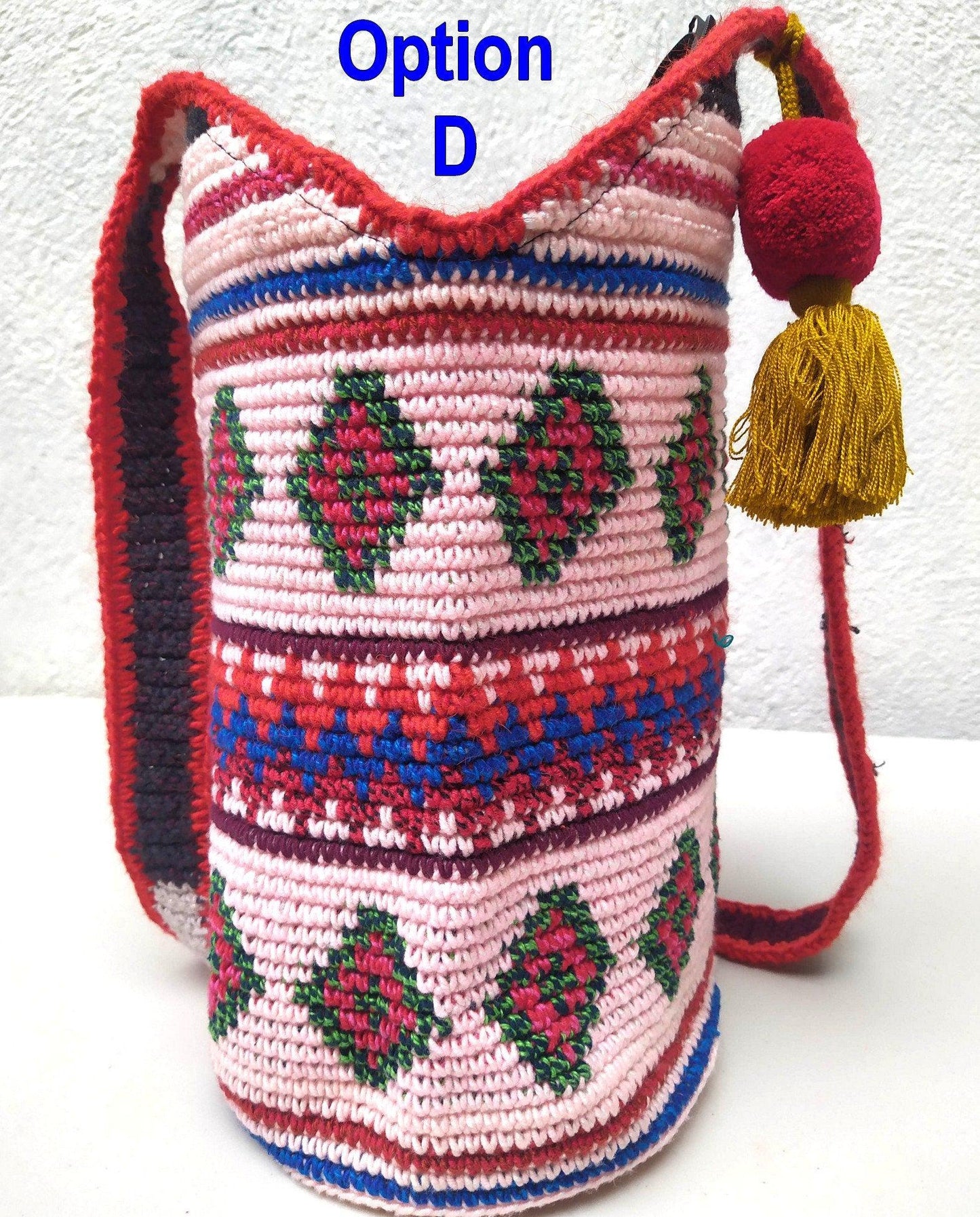 Handwoven Cotton CROCHETED GUATEMALAN Cross Body TOTE Bag With Zipper Closure And Pom Tassel Available In Multiple Options