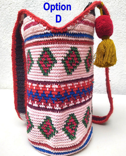Handwoven Cotton CROCHETED GUATEMALAN Cross Body TOTE Bag With Zipper Closure And Pom Tassel Available In Multiple Options