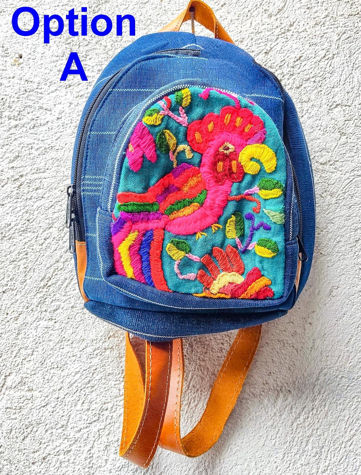 Guatemalan Upcycled Cotton INDIGO Backpack Huipil Pocket LEATHER Straps