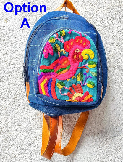 Guatemalan Upcycled Cotton INDIGO Backpack Huipil Pocket LEATHER Straps
