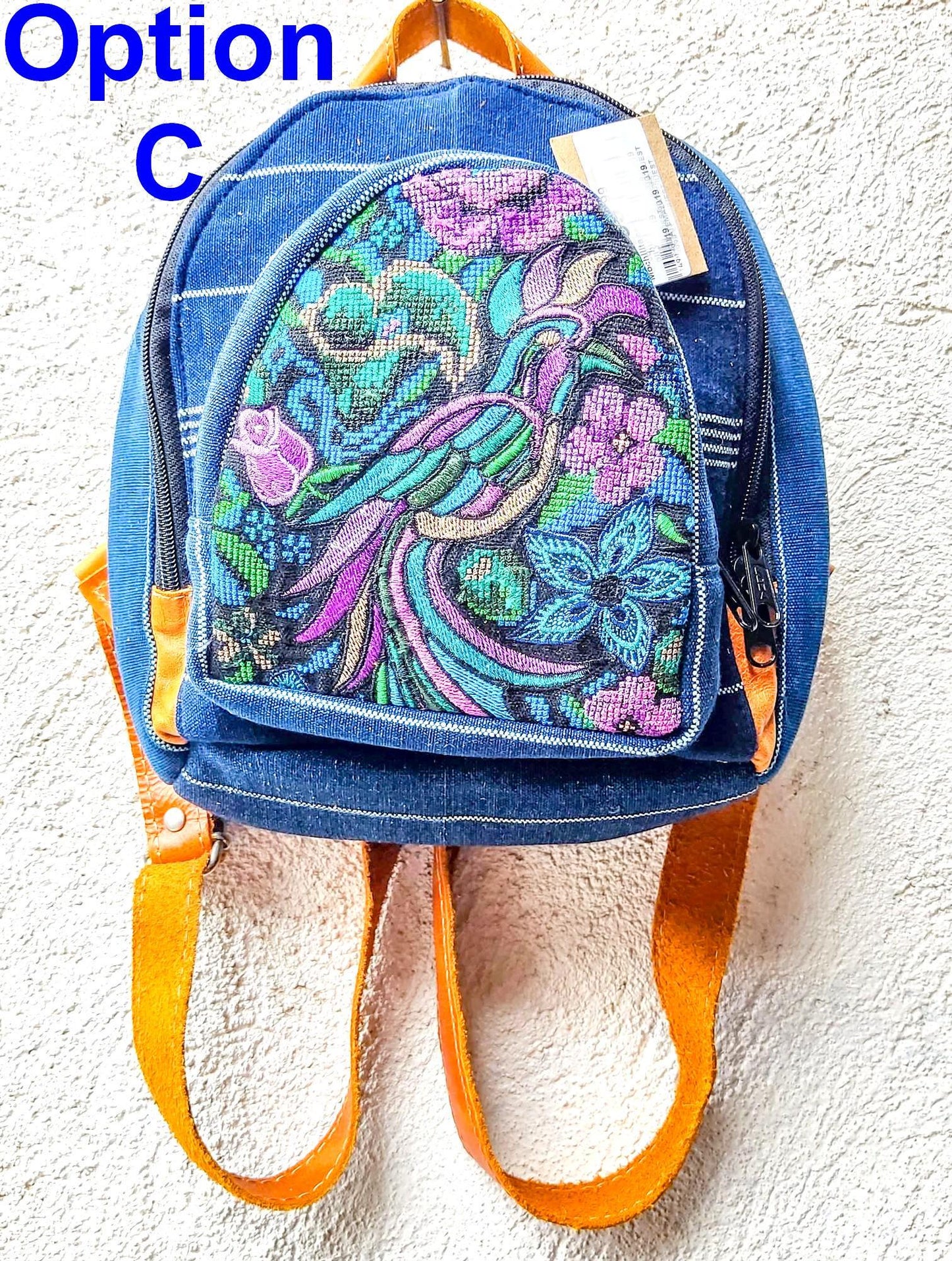 Guatemalan Upcycled Cotton INDIGO Backpack Huipil Pocket LEATHER Straps