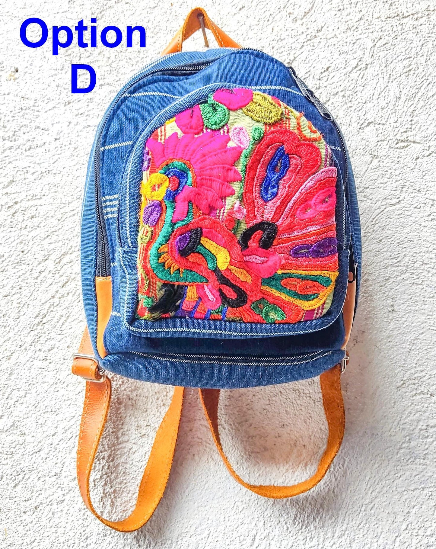 Guatemalan Upcycled Cotton INDIGO Backpack Huipil Pocket LEATHER Straps