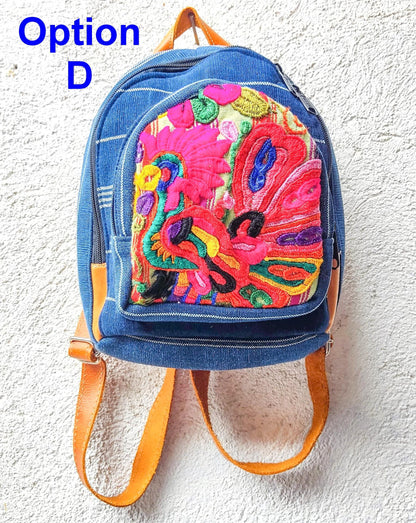 Guatemalan Upcycled Cotton INDIGO Backpack Huipil Pocket LEATHER Straps