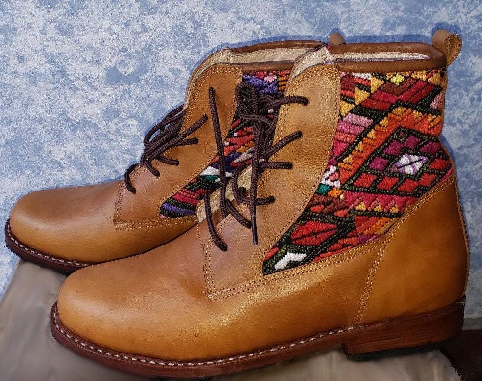 Custom Huipil Pattern GUATEMALAN Authentic LEATHER Lace Up BOOTS For Women - Geniune Leather & Rubber Outsole Zipper Shoes