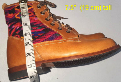 Custom Huipil Pattern GUATEMALAN Authentic LEATHER Lace Up BOOTS For Women - Geniune Leather & Rubber Outsole Zipper Shoes