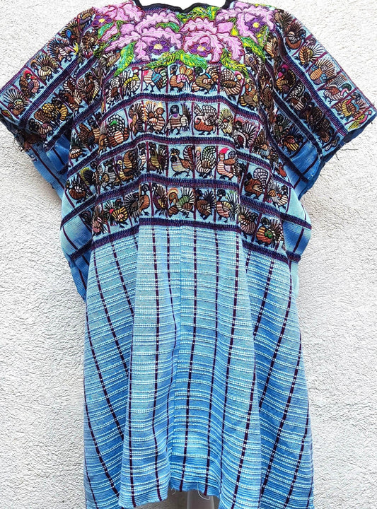 Vintage Santiago Atitlan Huipil Embroidery ROOSTERS PEACOCK Cotton TAPESTRY And Blouse - Home Wall Decor Floral Wall Hanging Blouse 206
