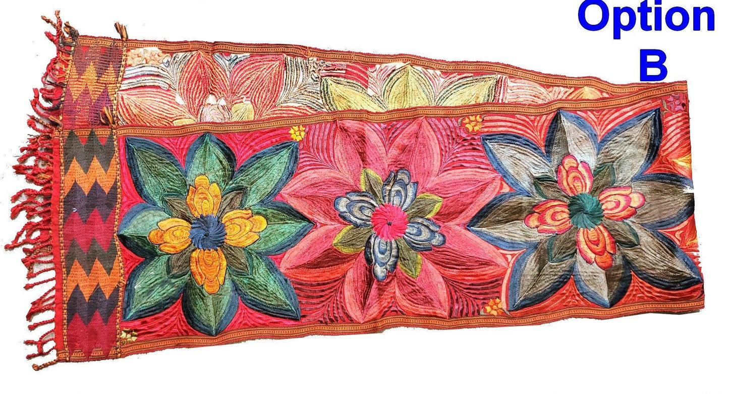 Handmade RUST Dyed Floral embroidered table RUNNER with tassels - ZACUALPA