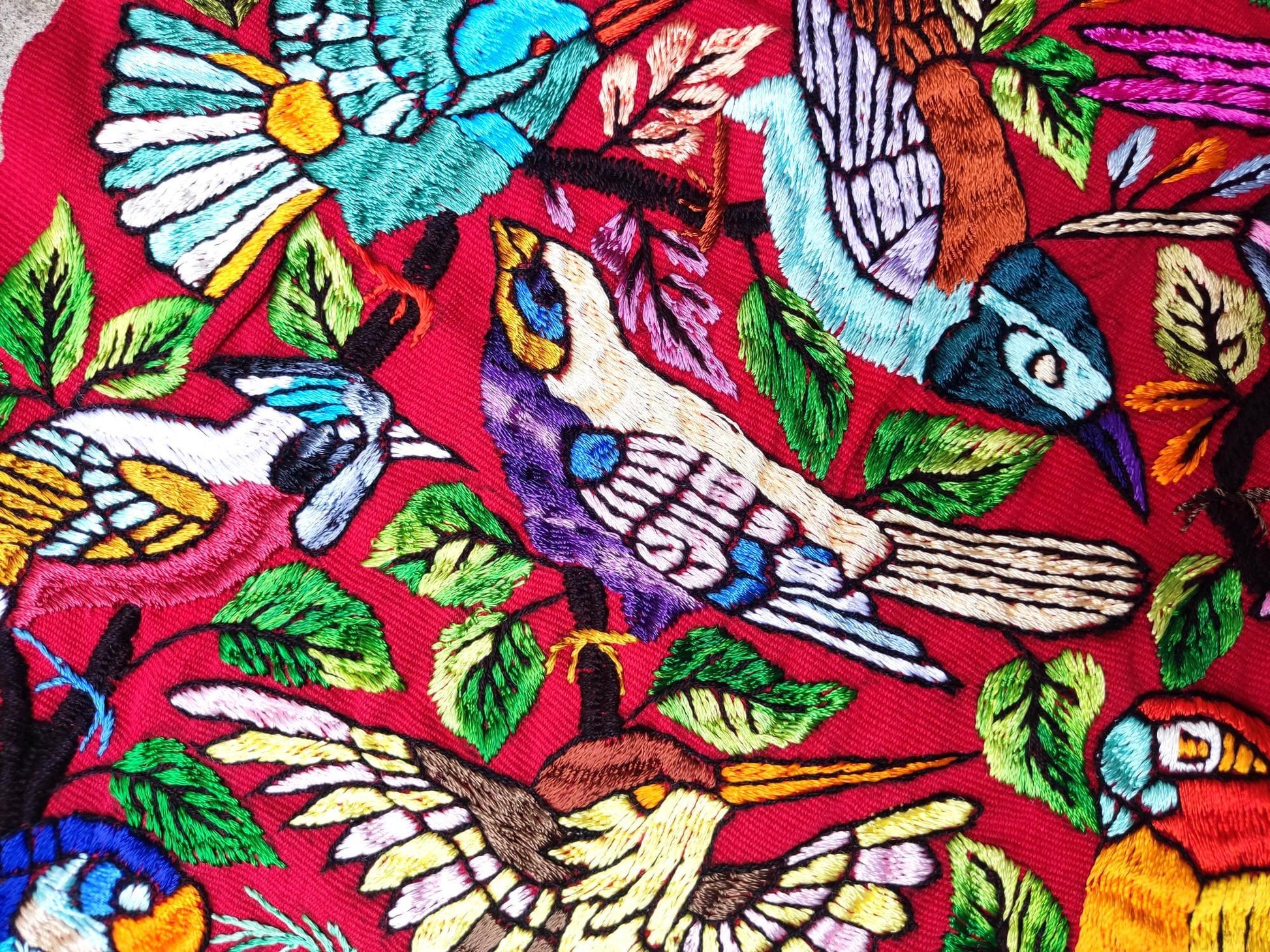 Unique Red Guatemala Silk hand-embroidery -Bird and Forest motives table runner-