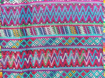 Vintage unique Guatemala handmade weaved cotton SILK fringes -San MARTIN Jilotepeque huipil- Geometric ZIGZAG motives table runner