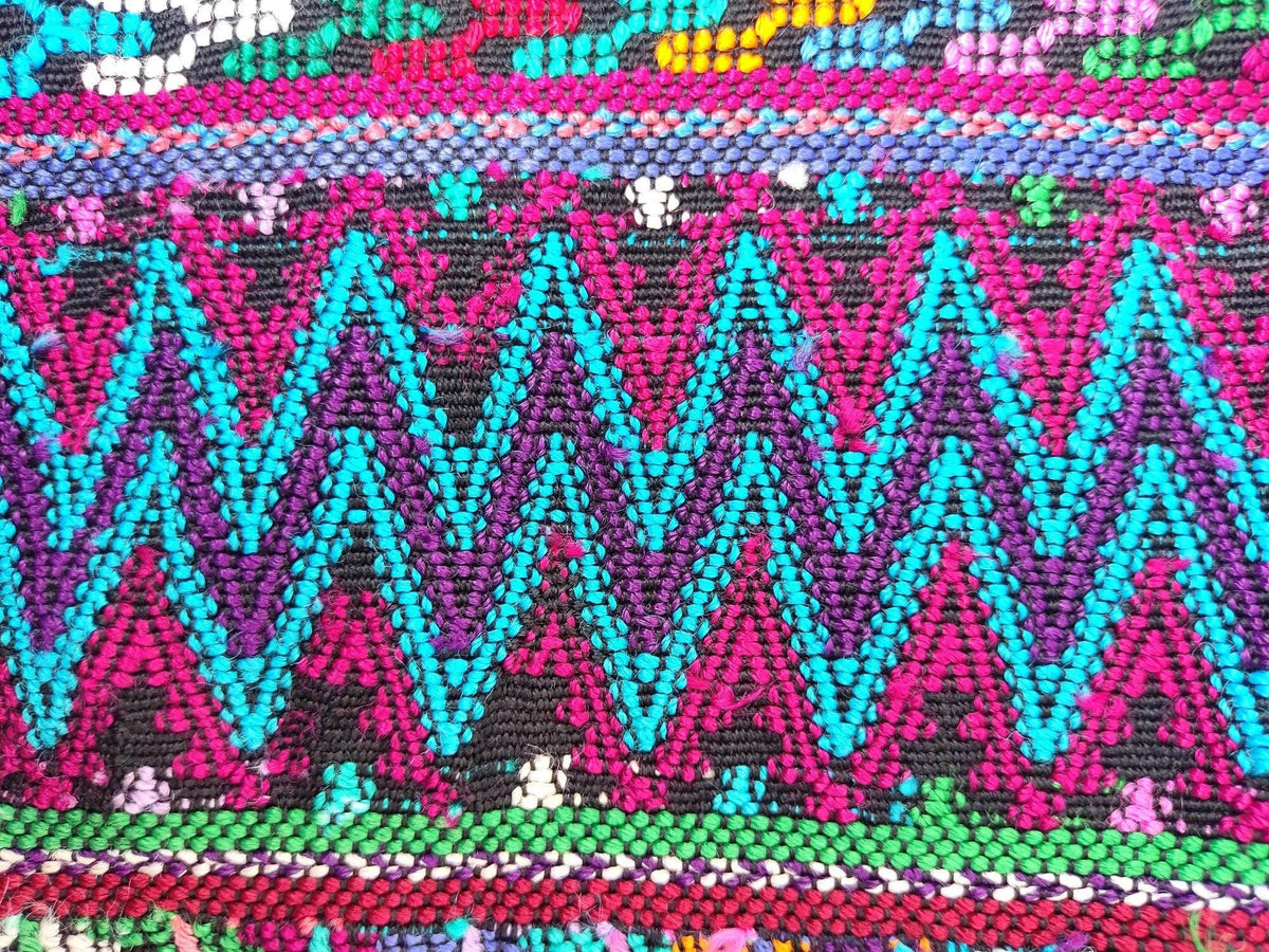 Vintage unique Guatemala handmade weaved cotton SILK fringes -San MARTIN Jilotepeque huipil- Geometric ZIGZAG motives table runner