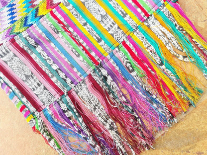 Vintage unique Guatemala handmade weaved cotton silk fringes -Comalapa huipil- birds motives table runner