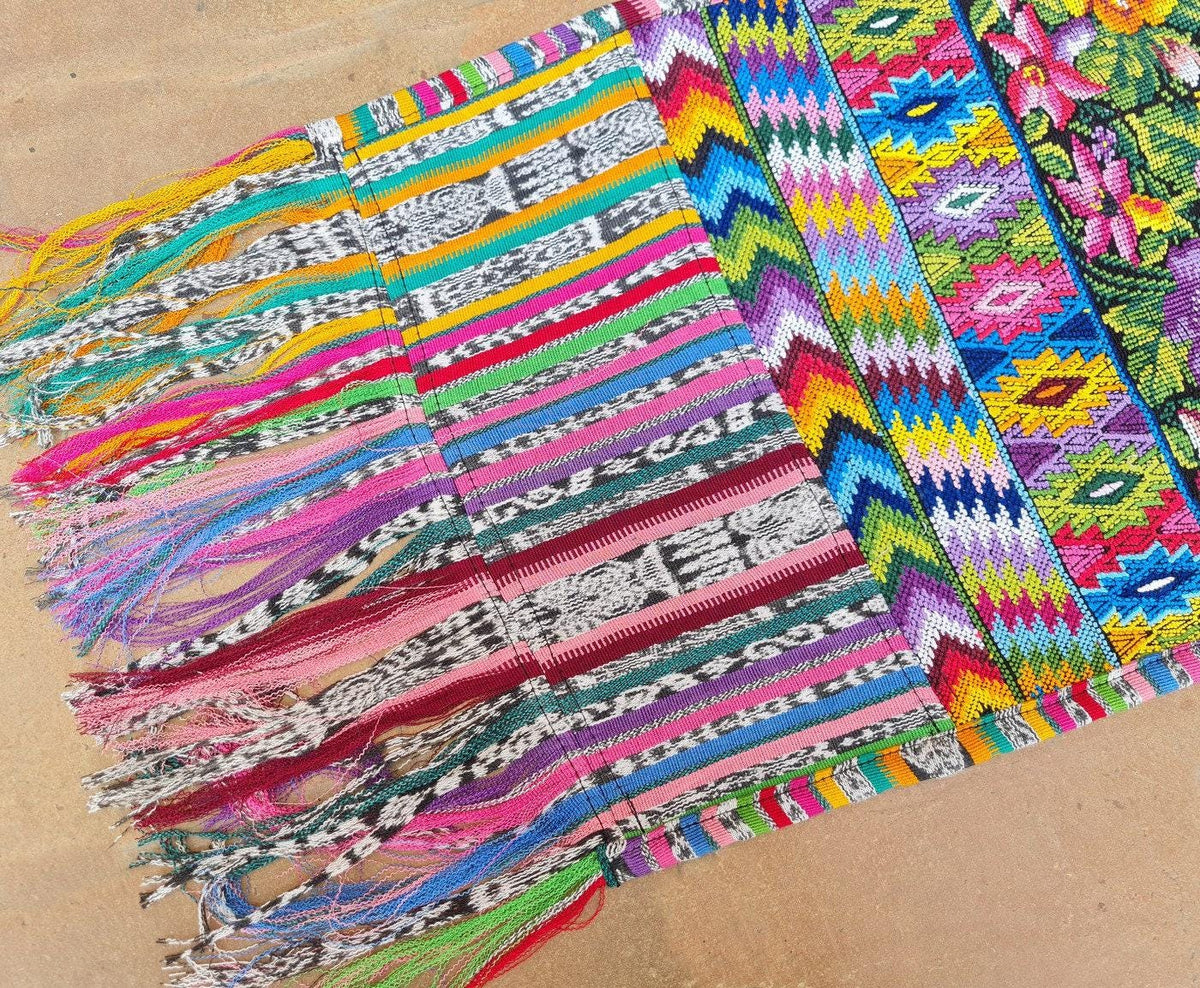 Vintage unique Guatemala handmade weaved cotton silk fringes -Comalapa huipil- birds motives table runner