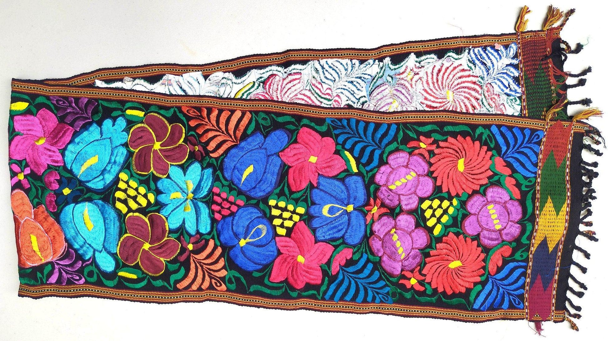 Handmade Floral Embroidered Table RUNNER With Tassels -ZACUALPA