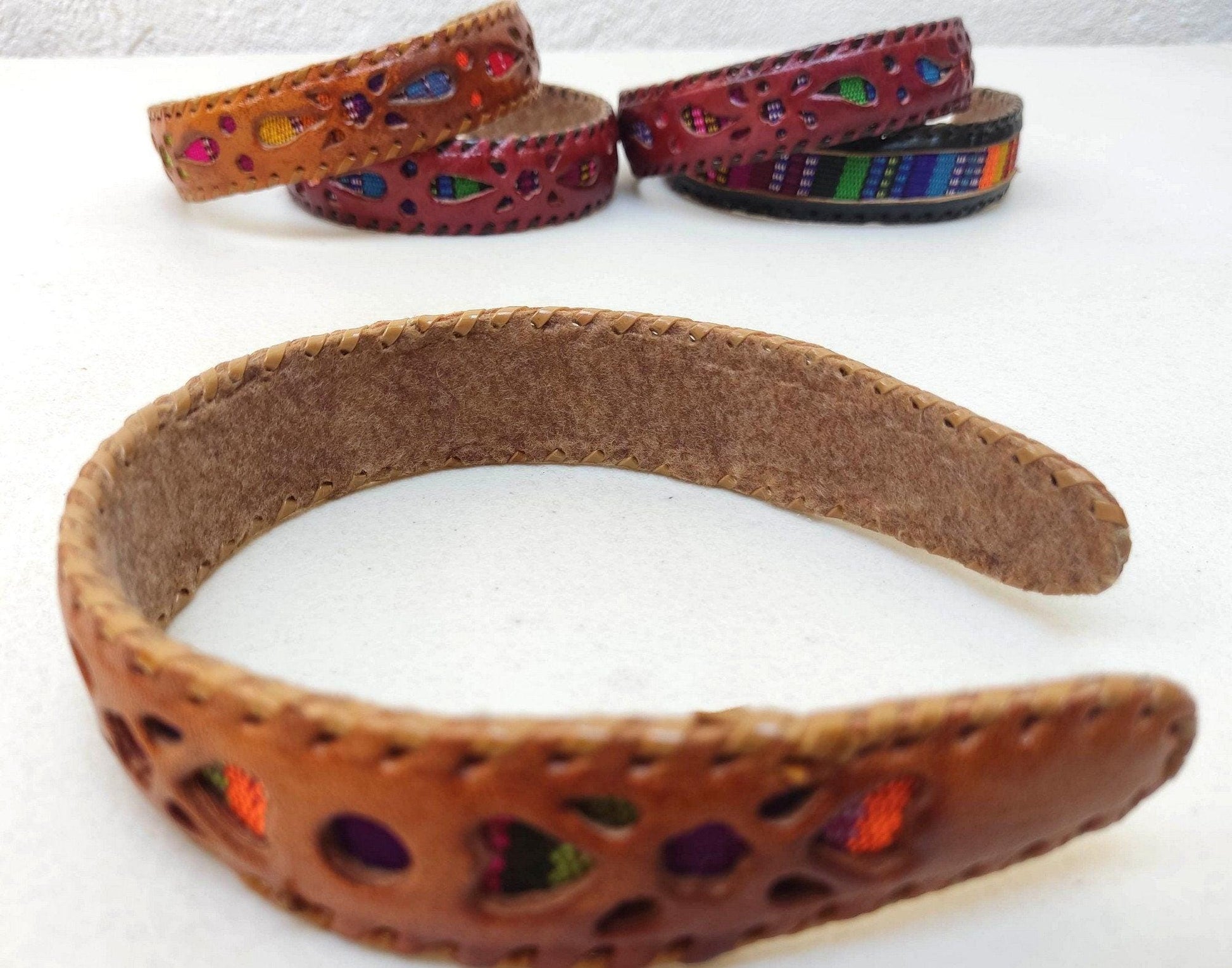 Guatemalan LEATHER Textil HAIRBAND Headband Hair HOLDER