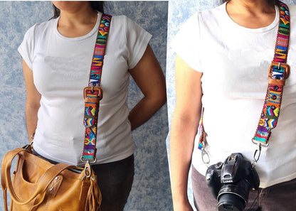 Guatemalan handmade braided authentic leather weaved silk camera/bag strap