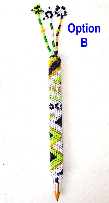 BEADED COVER Pen Sleeve Geometric Floral Pattern ORNAMENT Gift - Czech Glass Seed Beads And Nylon Thread