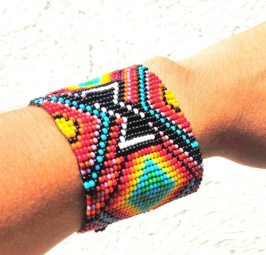 Wide Hand Beaded BRACELET -Floral and Geometric Pattern- ATITLAN