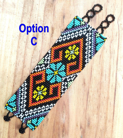 Wide Hand Beaded BRACELET -Floral and Geometric Pattern- ATITLAN
