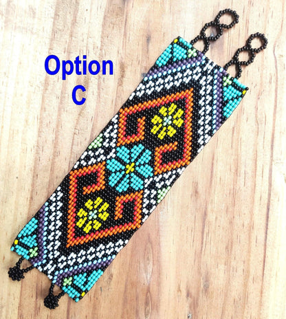 Wide Hand Beaded BRACELET -Floral and Geometric Pattern- ATITLAN