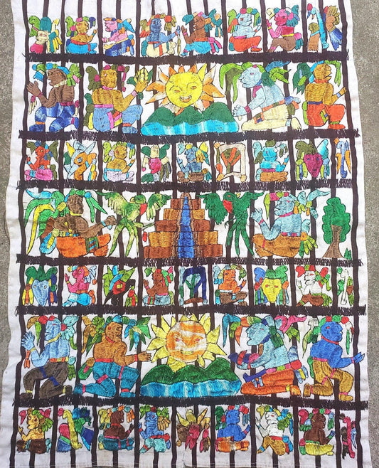 Handmade hanging embroidered Guatemalan white silk wall decor "Mayan Calendar" tapestry