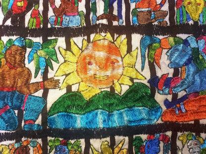 Handmade hanging embroidered Guatemalan white silk wall decor &quot;Mayan Calendar&quot; tapestry