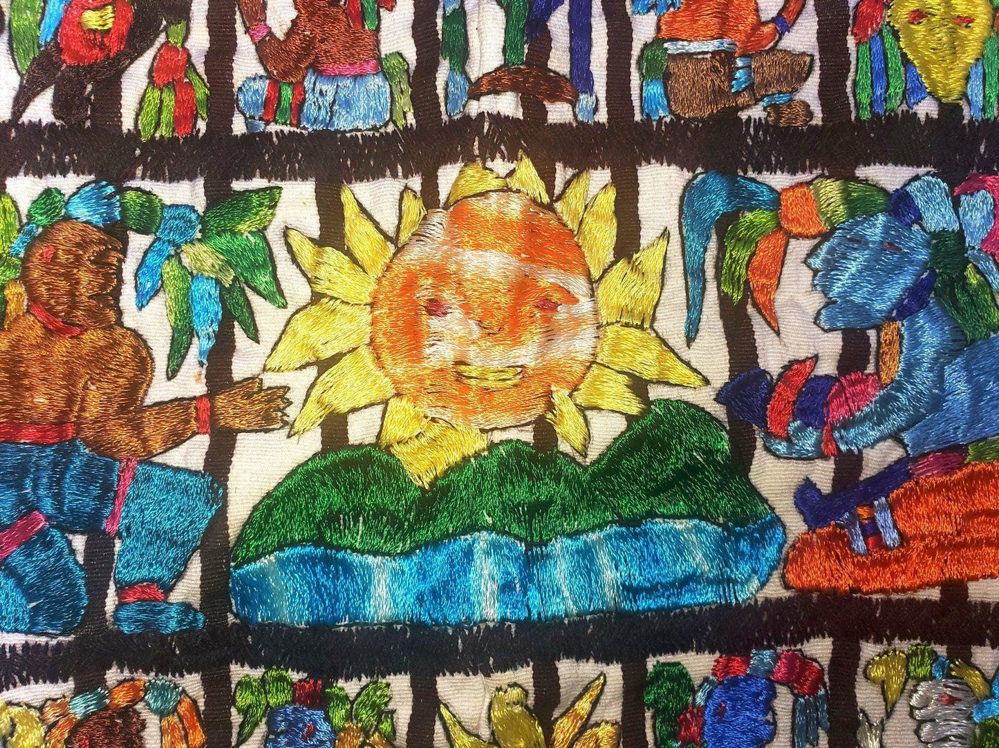 Handmade hanging embroidered Guatemalan white silk wall decor "Mayan Calendar" tapestry