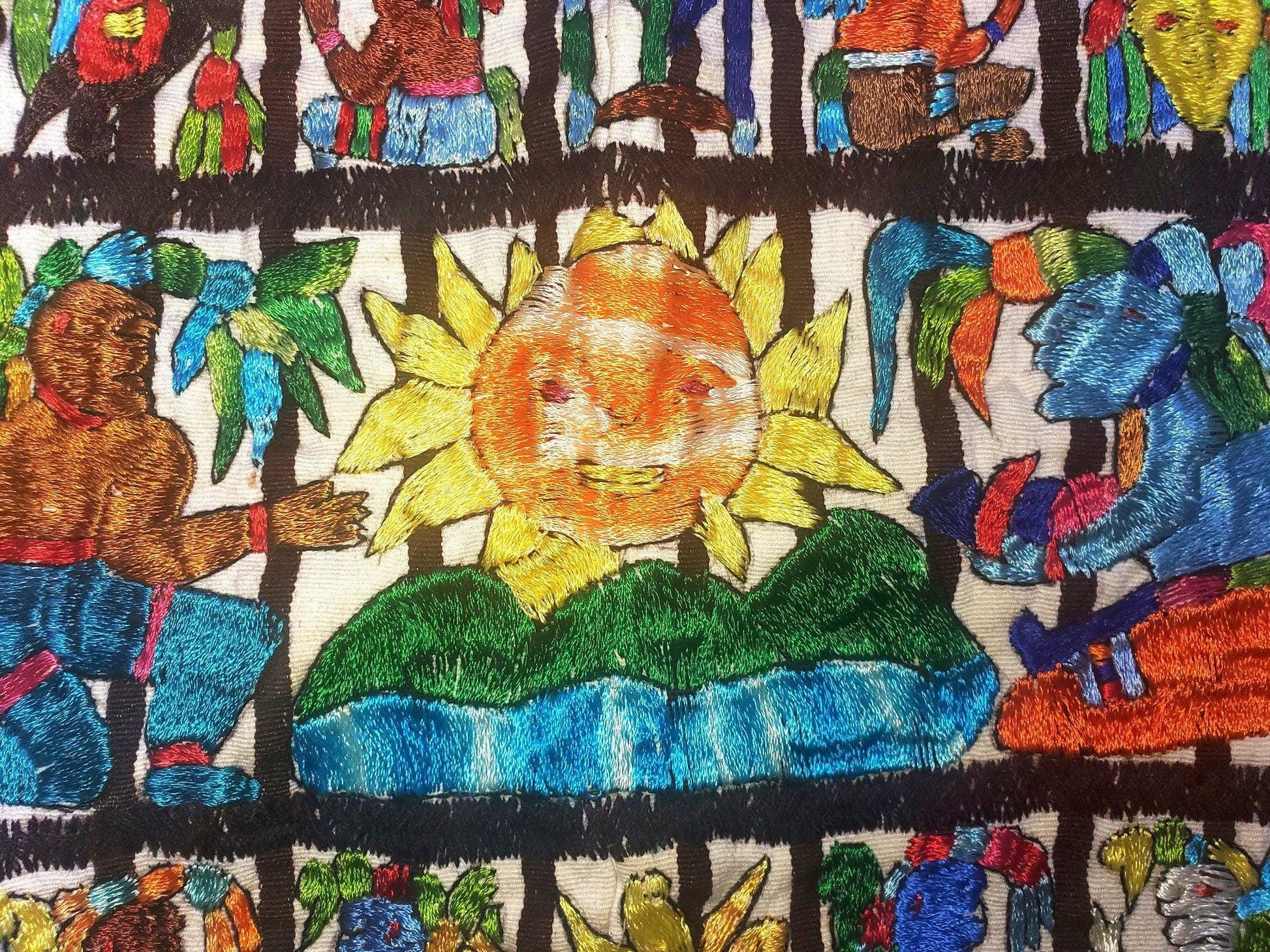 Handmade hanging embroidered Guatemalan white silk wall decor "Mayan Calendar" tapestry
