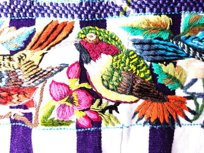 Handmade White EMBROIDERED Guatemalan Santiago Atitlan COTTON WALL &quot;Mayan Bird Family&quot; Tapestry