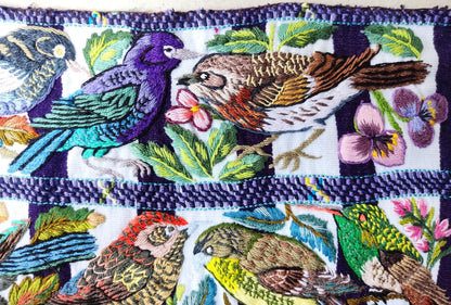 Handmade White EMBROIDERED Guatemalan Santiago Atitlan COTTON WALL &quot;Mayan Bird Family&quot; Tapestry