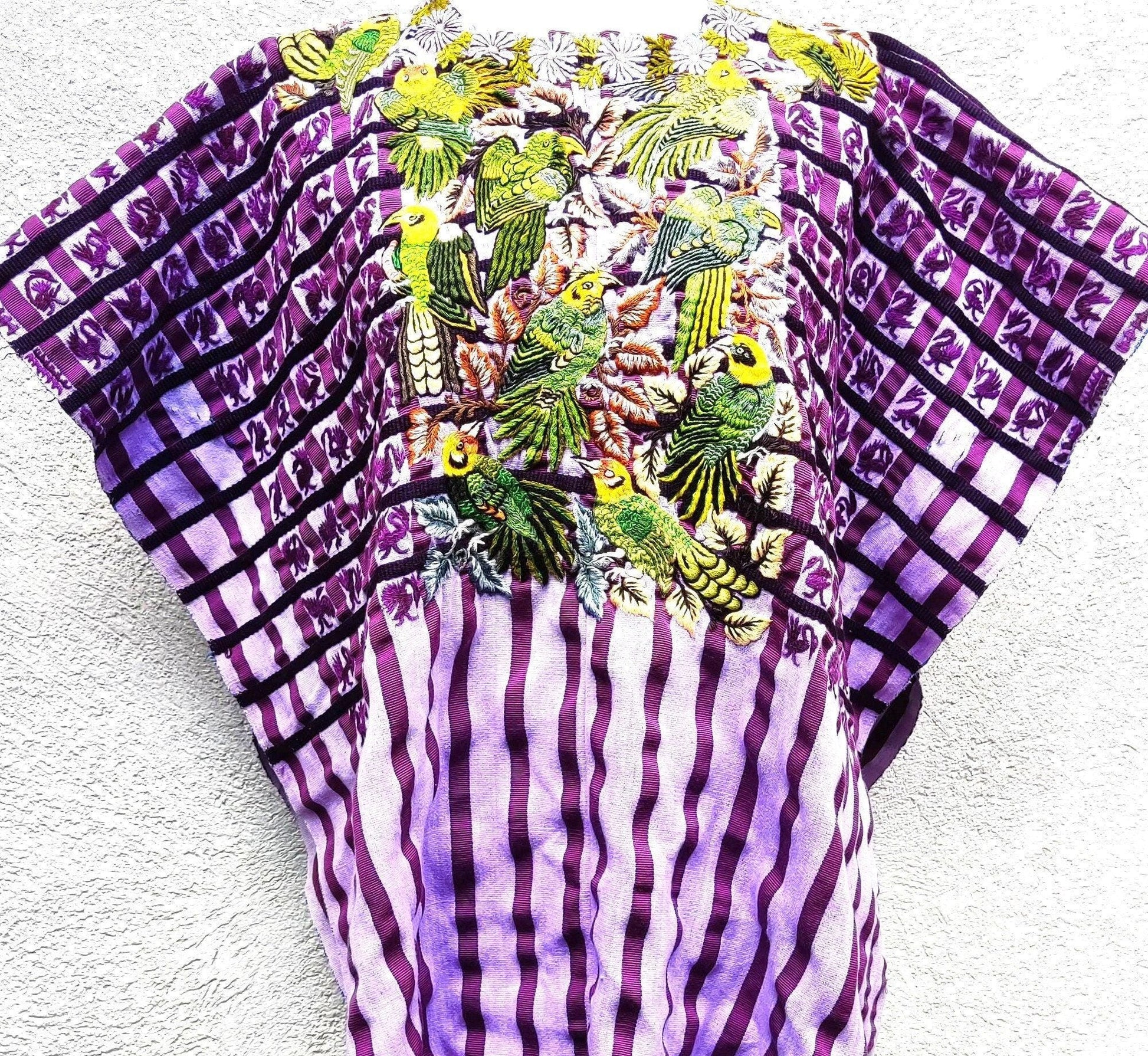 Vintage handmade embroidered Santiago ATITLAN huipil cotton wall decor tapestry -PARROT family-