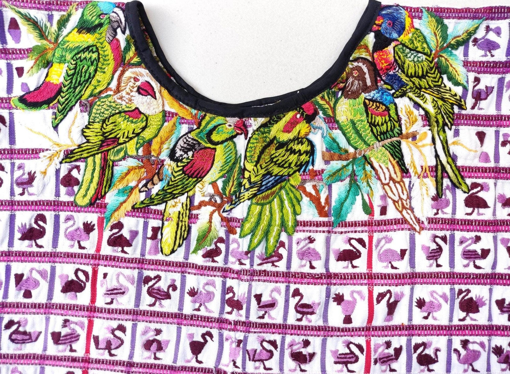 Vintage handmade embroidered Santiago Atitlan huipil cotton wall decor tapestry -Parrot family-