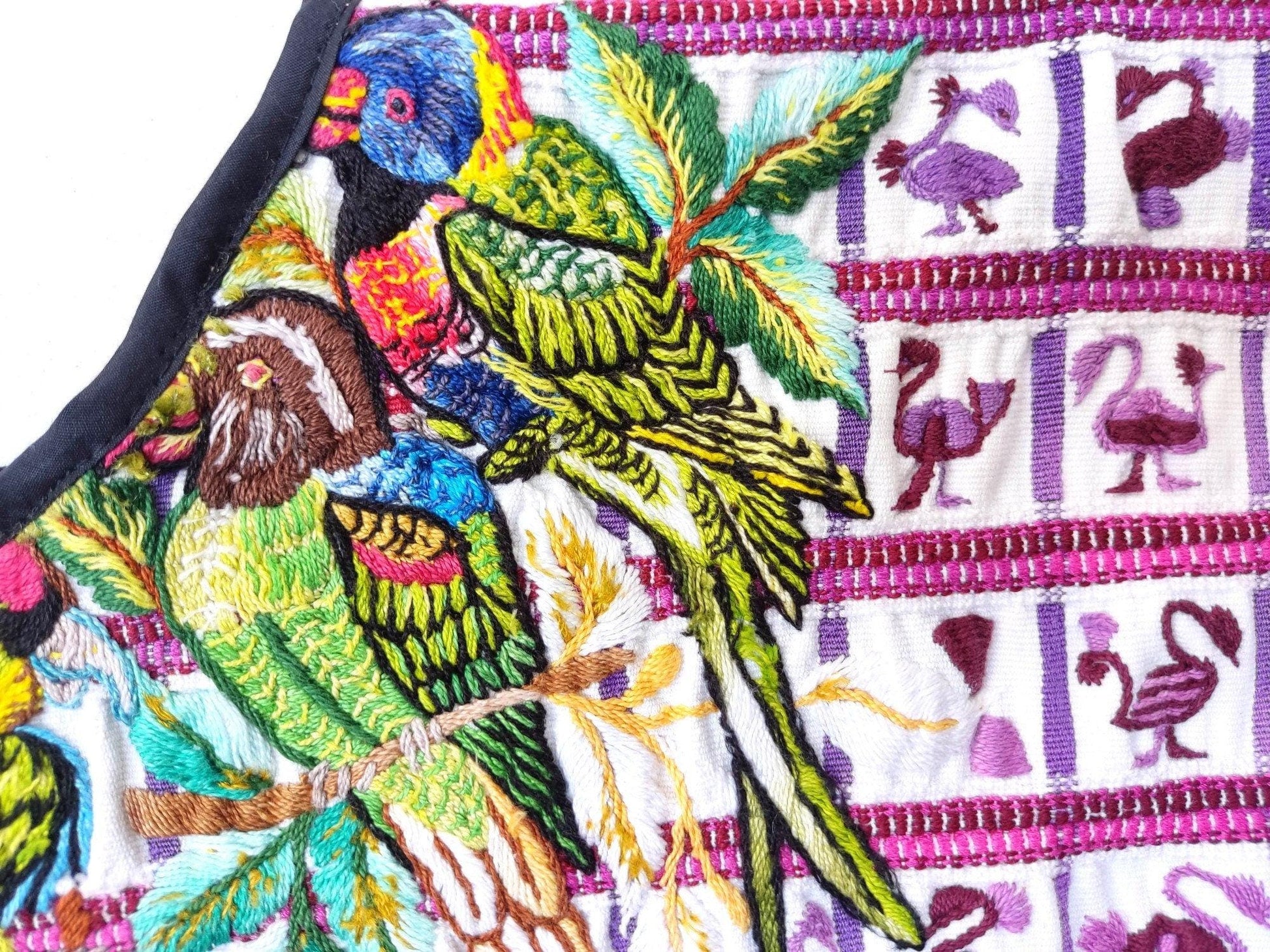 Vintage handmade embroidered Santiago Atitlan huipil cotton wall decor tapestry -Parrot family-