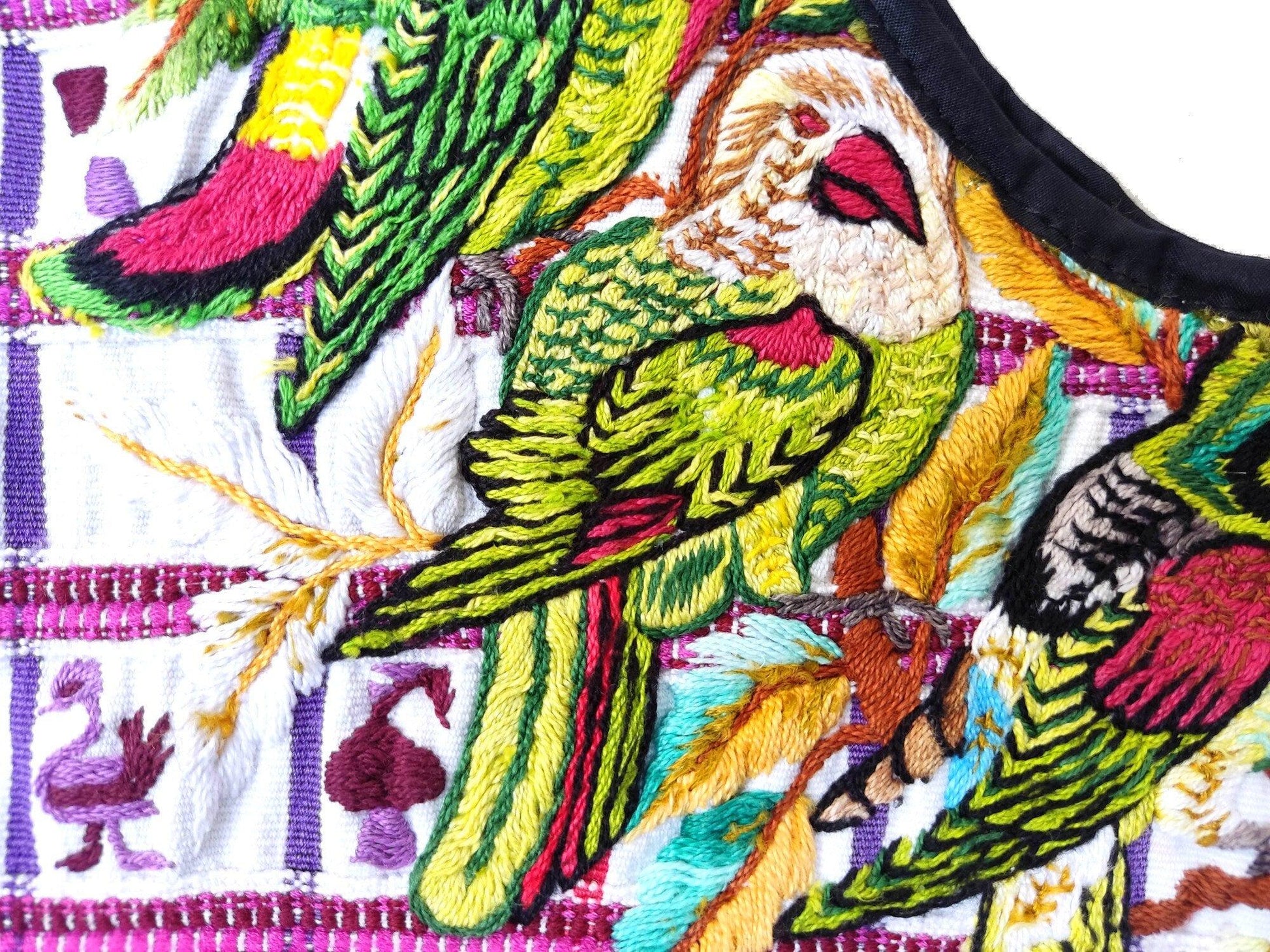 Vintage handmade embroidered Santiago Atitlan huipil cotton wall decor tapestry -Parrot family-
