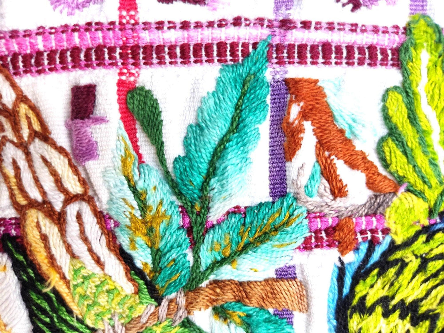 Vintage handmade embroidered Santiago Atitlan huipil cotton wall decor tapestry -Parrot family-