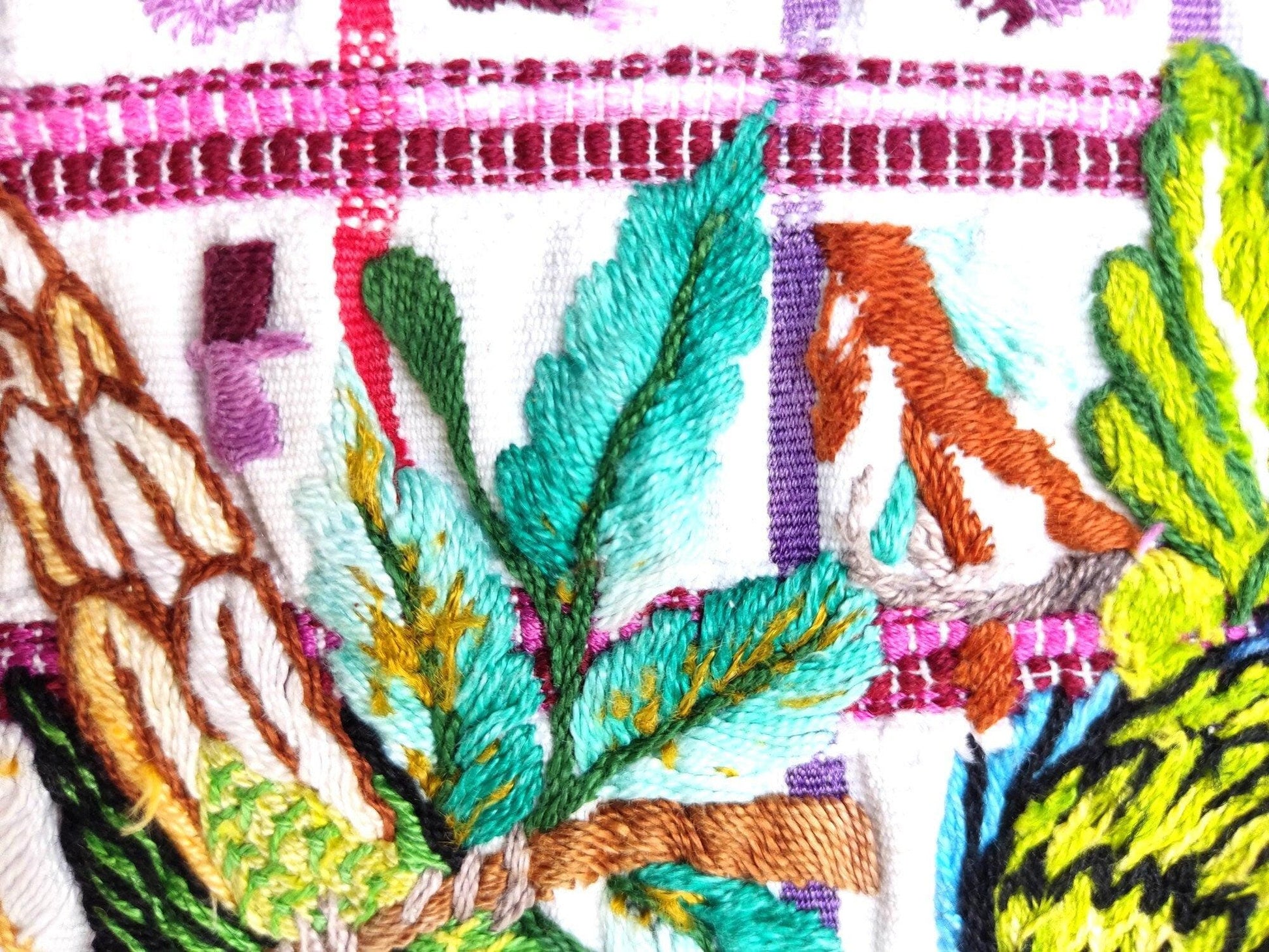 Vintage handmade embroidered Santiago Atitlan huipil cotton wall decor tapestry -Parrot family-