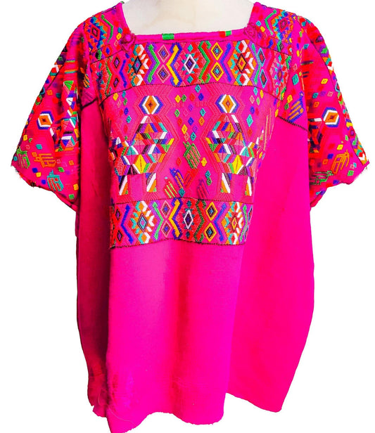 Vintage Unique Guatemala Handmade Weaved MAGENTO Cotton Huipil &quot;Mayan Chichi ROOSTERS&quot;