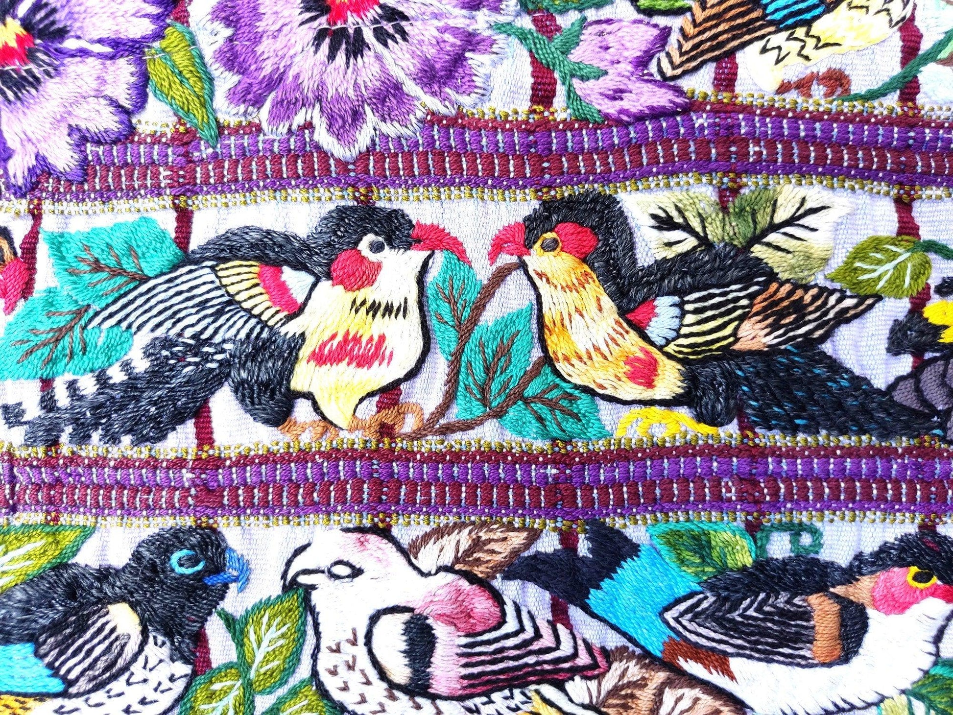 Vintage Santiago Atitlan Huipil Embroidery BIRDS Cotton TAPESTRY And BLOUSE - Home Wall Decor Floral Wall Hanging Blouse - Mayan Fair Trade 