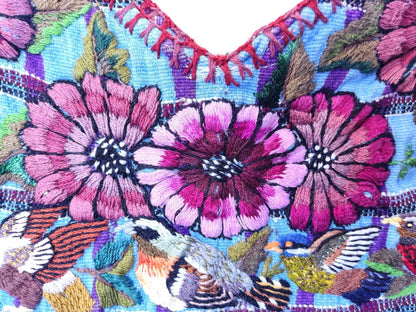Vintage handmade embroidered Santiago Atitlan huipil cotton wall decor tapestry -Bird family-
