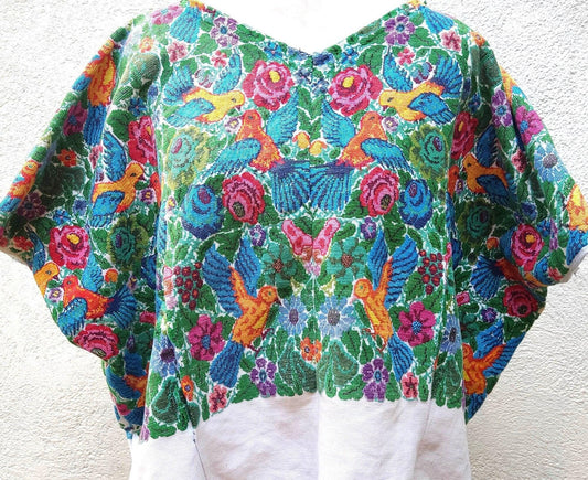 Bird Embroidery, Huipil Blouse, Floral Tapestry, Vintage Tapestry,