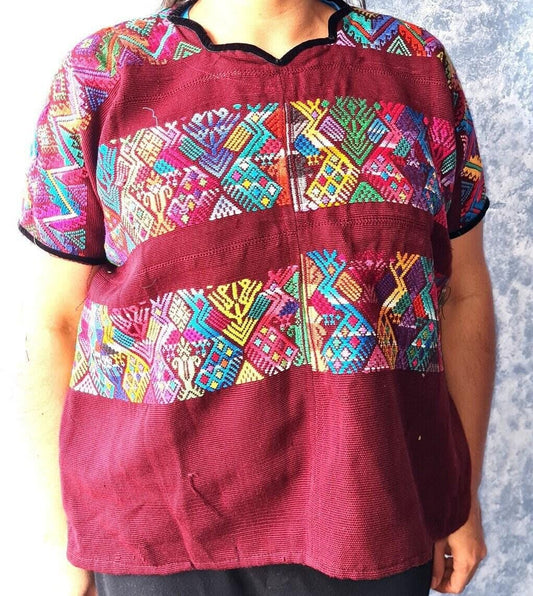 Vintage burgundy unique Guatemala handmade weaved -San Martín Chile verde- Horses motives cotton huipil
