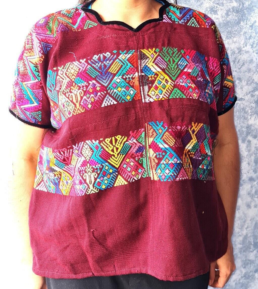 Vintage burgundy unique Guatemala handmade weaved -San Martín Chile verde- Horses motives cotton huipil